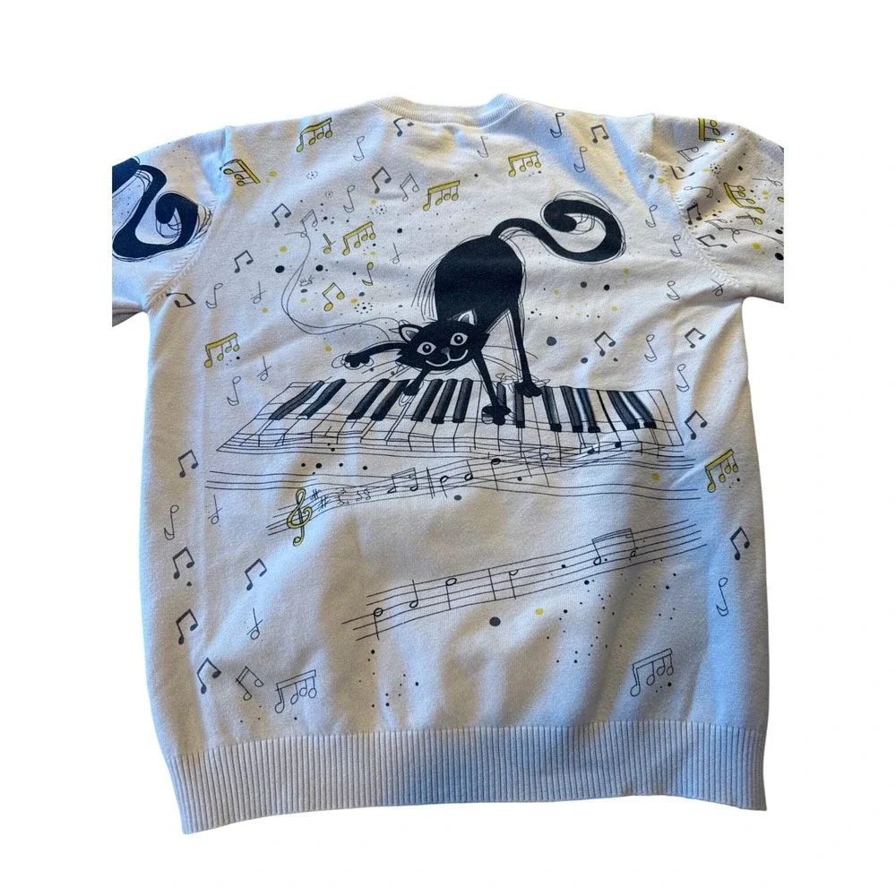 SHEIN Mens Large Cream Music Cat Piano Graphic Knit Sweater Long Sleeve L